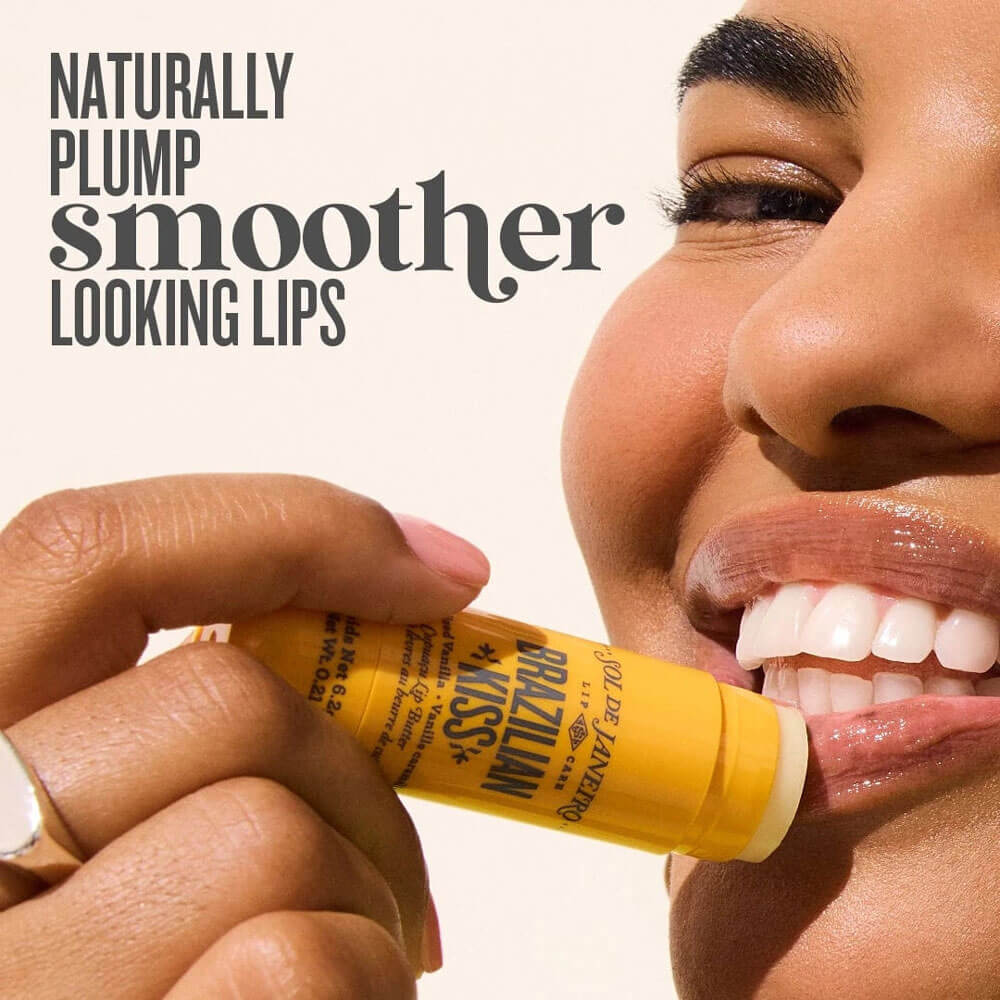 Person applying a lip balm with text about plump lips on a beige background