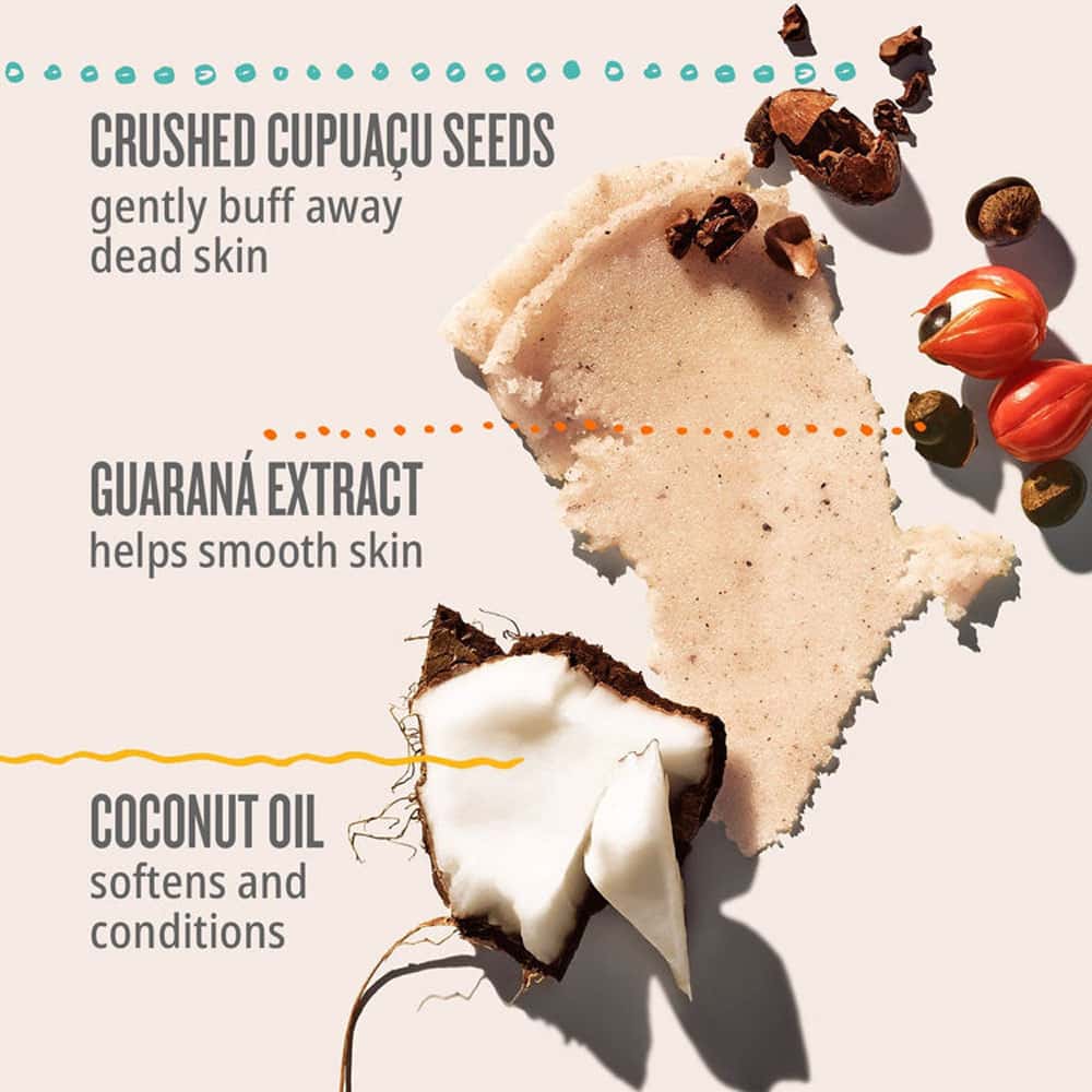 Product with ingredients listed: crushed cupuáçu seeds, guaraná extract, and coconut oil on a light background.