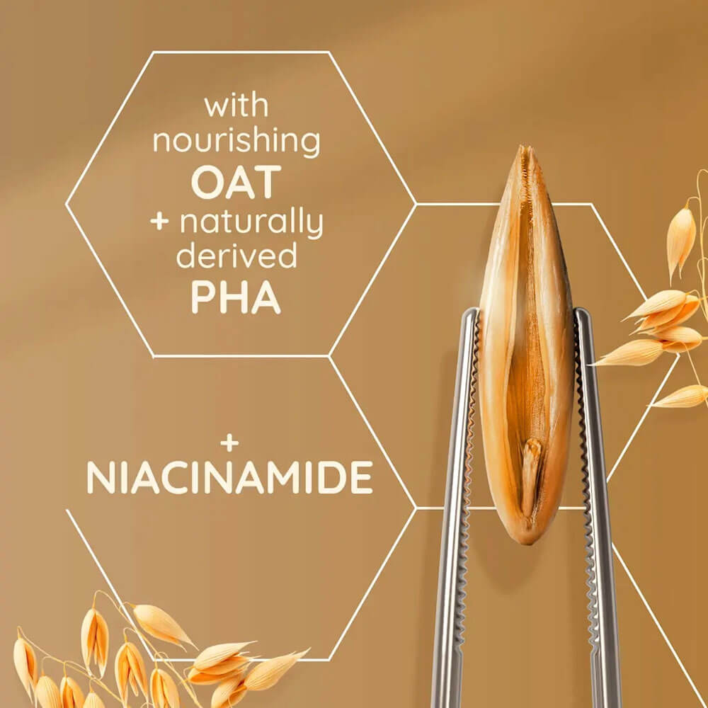 Oat kernel with tweezers on a brown background, featuring text about nourishing ingredients.