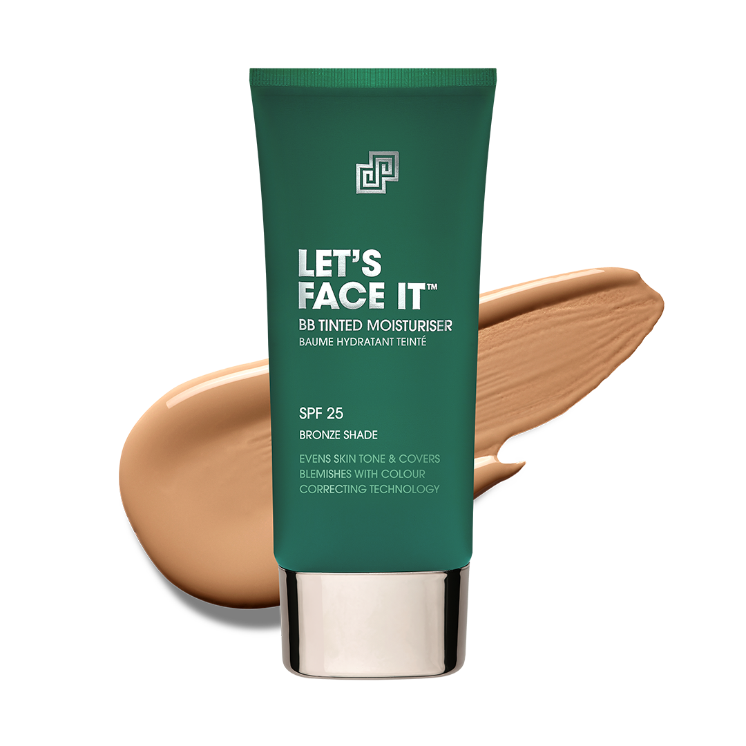 Green tube of 'Let's Face It' BB tinted moisturizer with a swatch on a white background