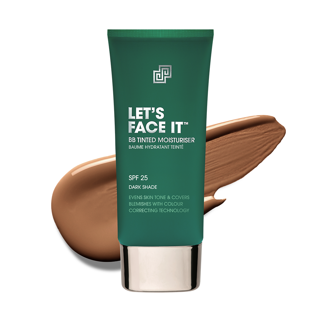 Green tube of 'Let's Face It' BB tinted moisturizer with a swatch on a white background