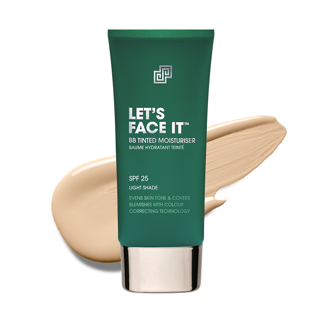 Green tube of 'Let's Face It' BB tinted moisturizer with a swatch on a white background
