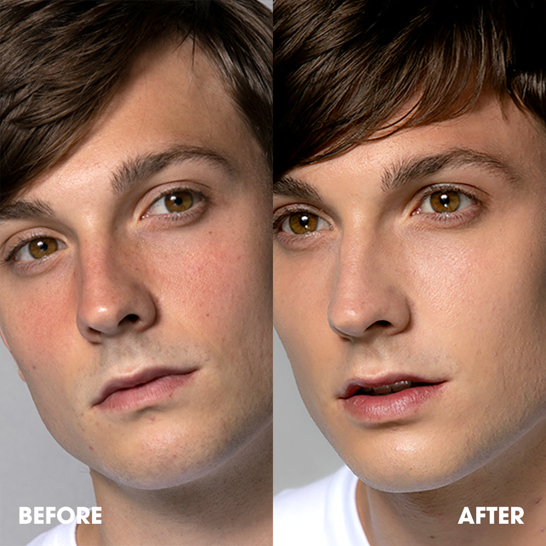Before and after comparison of a person's face with visible makeup changes.