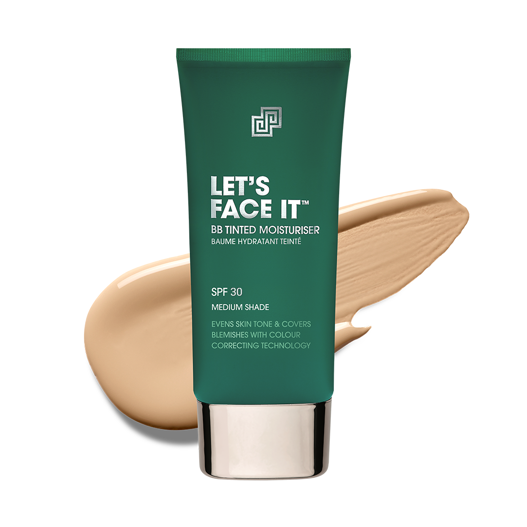 Green tube of 'Let's Face It' BB tinted moisturizer with a beige swatch on a white background