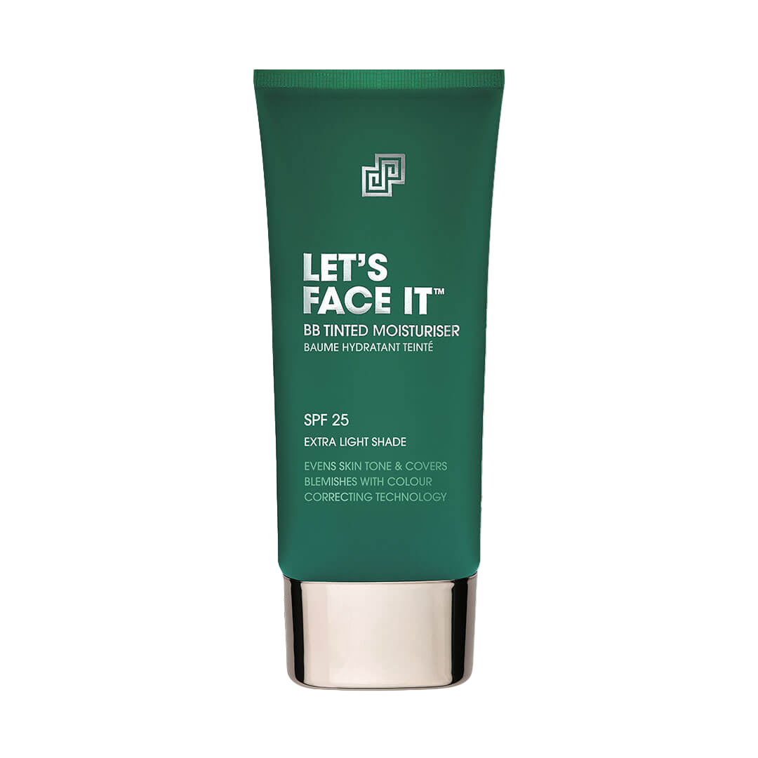 Green tube of 'Let's Face It' BB tinted moisturizer on a white background