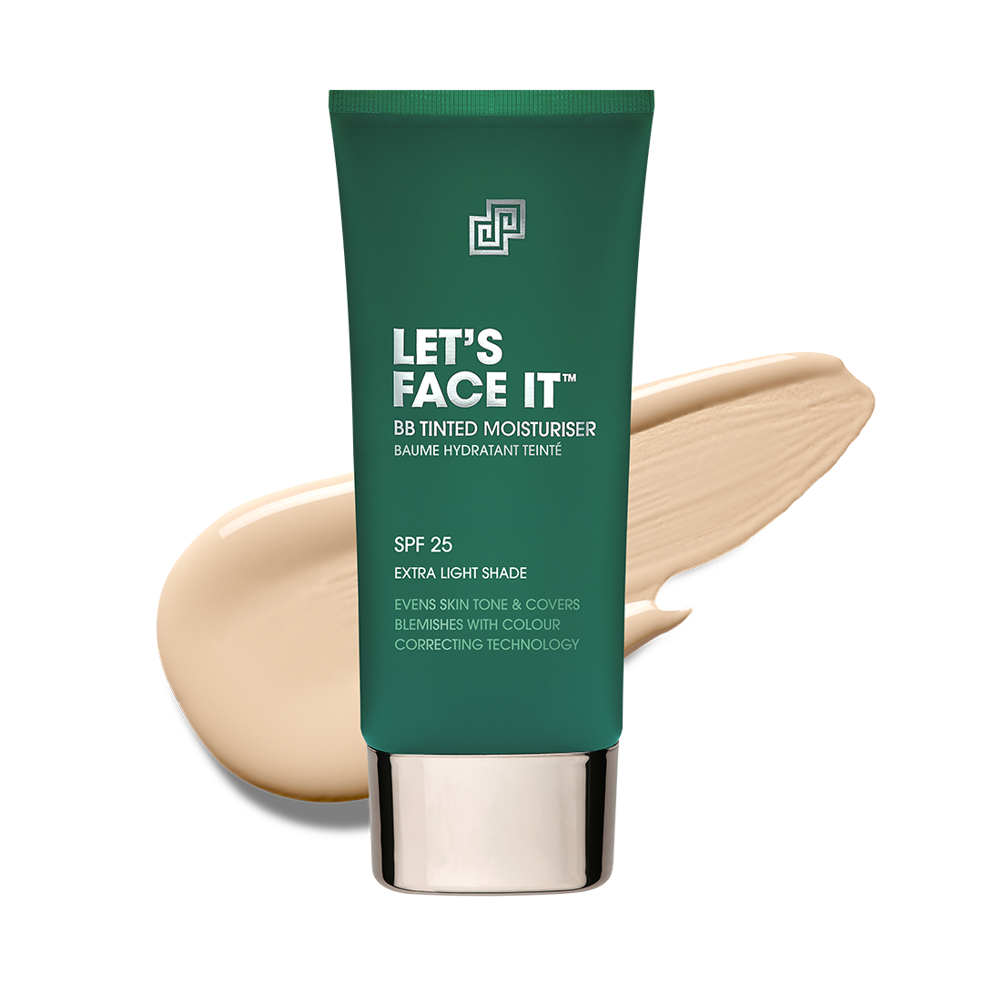 Green tube of 'Let's Face It' BB tinted moisturizer with a swatch on a white background