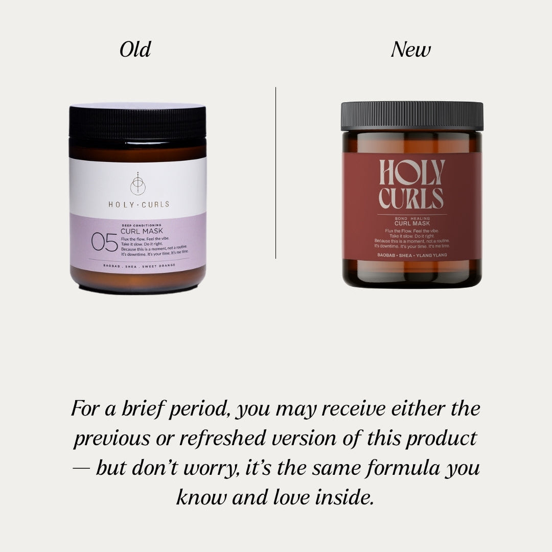Two Holy Curls hair mask containers, one labeled 'Old' and the other 'New', on a white background with text.