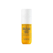 Lip balm container with yellow label on a white background