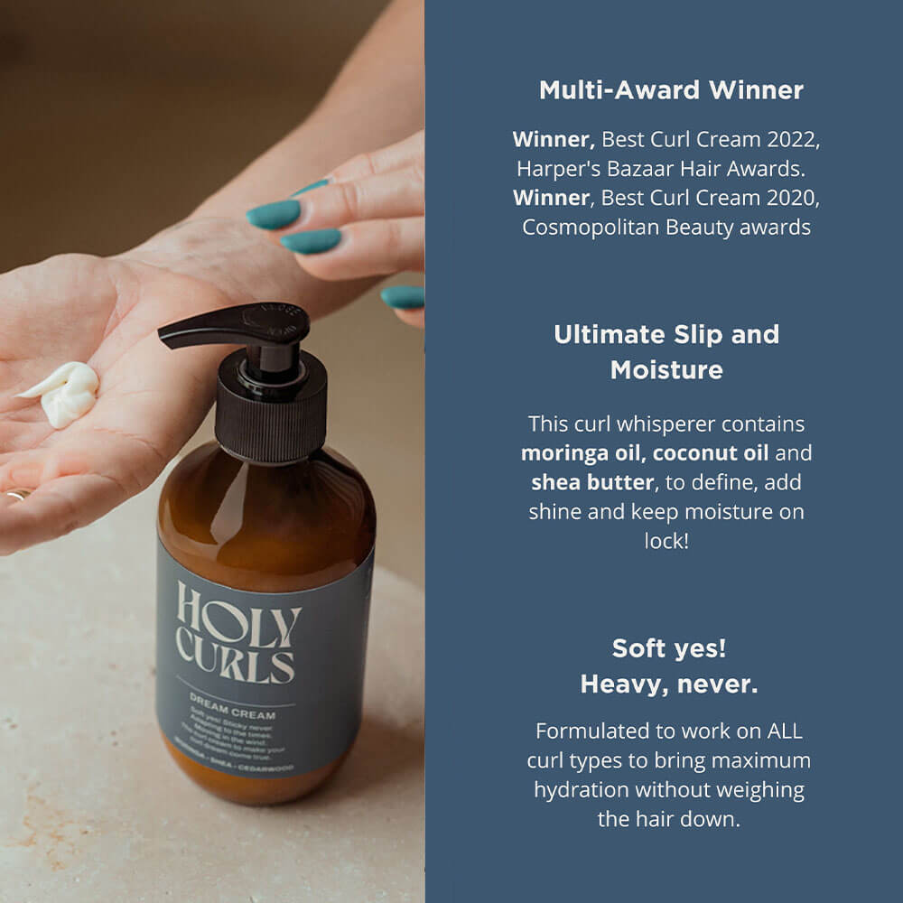 Bottle of Holy Curls Dream Cream with text about its features and awards on a blue background.