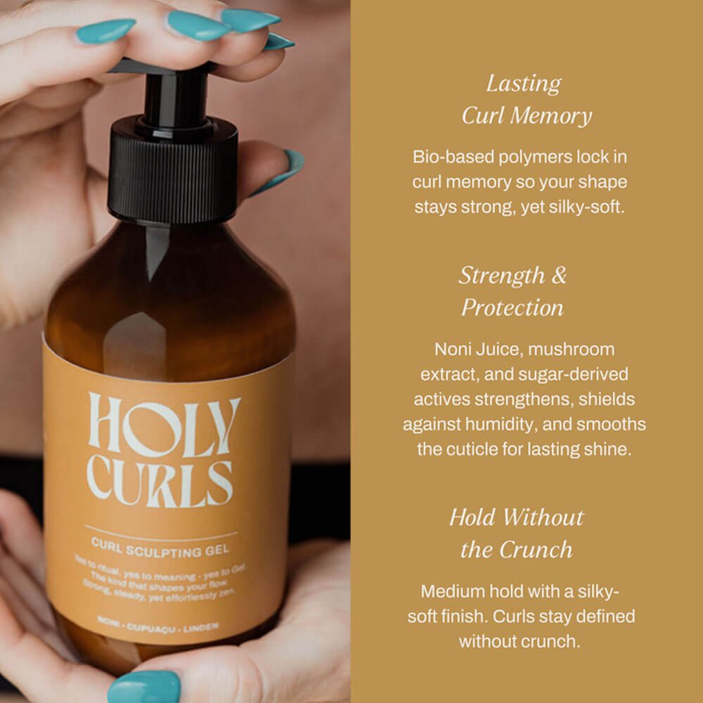 HOLY CURLS curl sculpting gel bottle held by a hand with text on a beige background