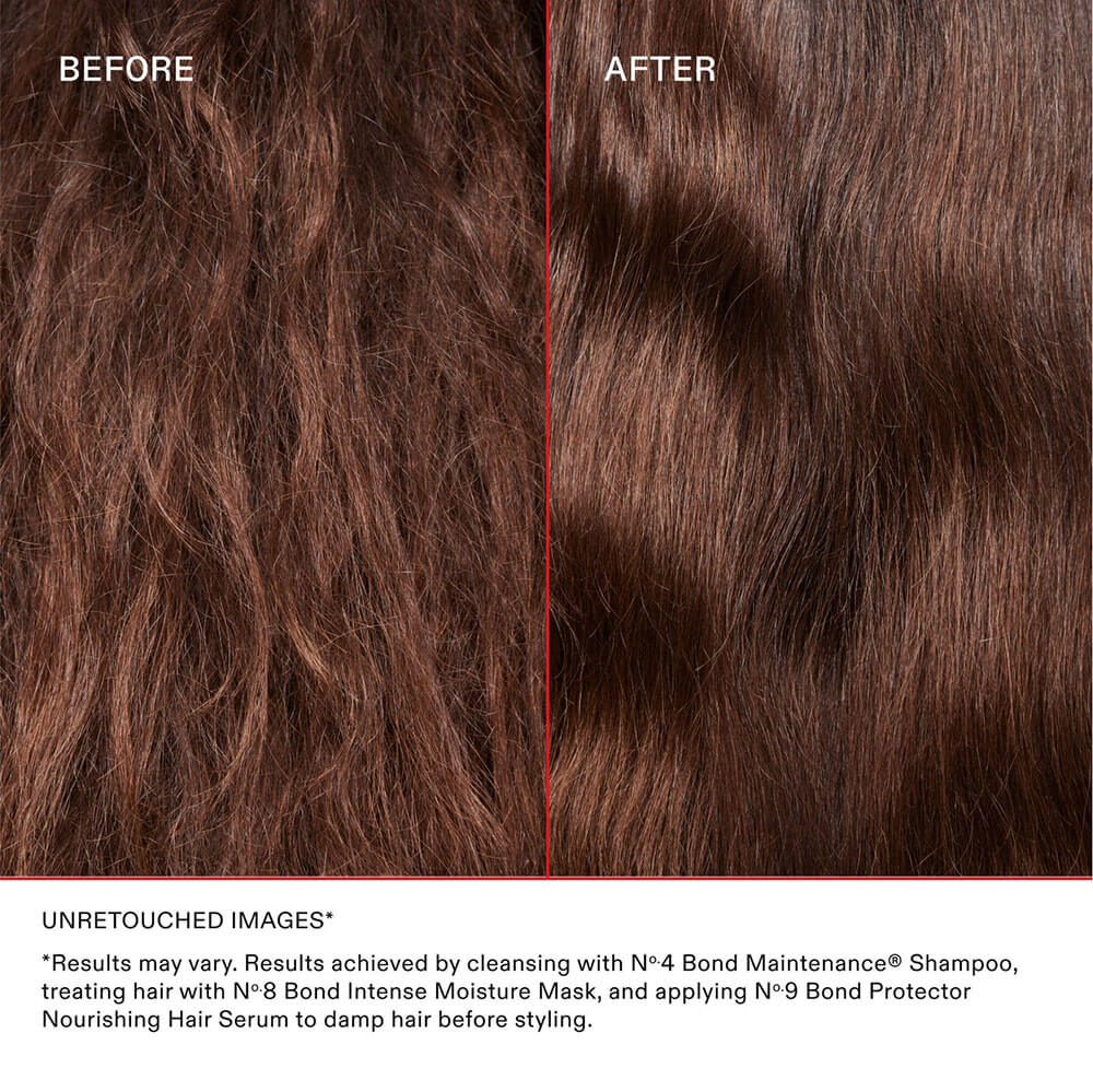 Before and after comparison of hair texture with text about hair care products.