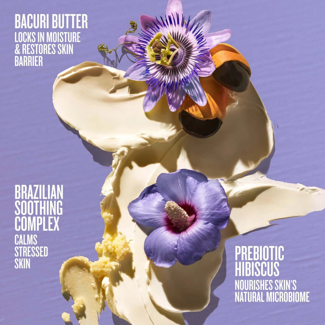 Product packaging with Bacuri Butter and flowers on a purple background