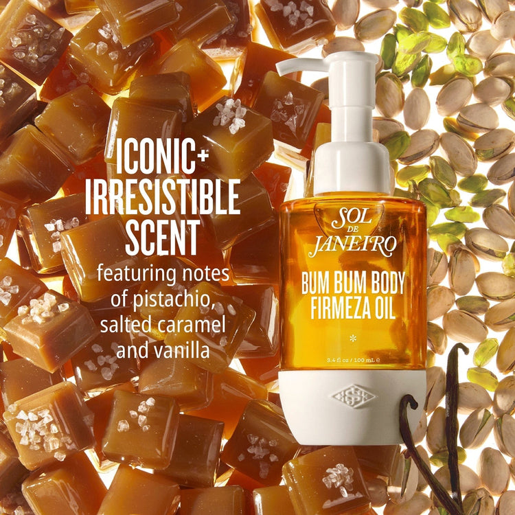 Bum Bum Body Firmeza Oil bottle with caramel candies and vanilla beans on a textured background
