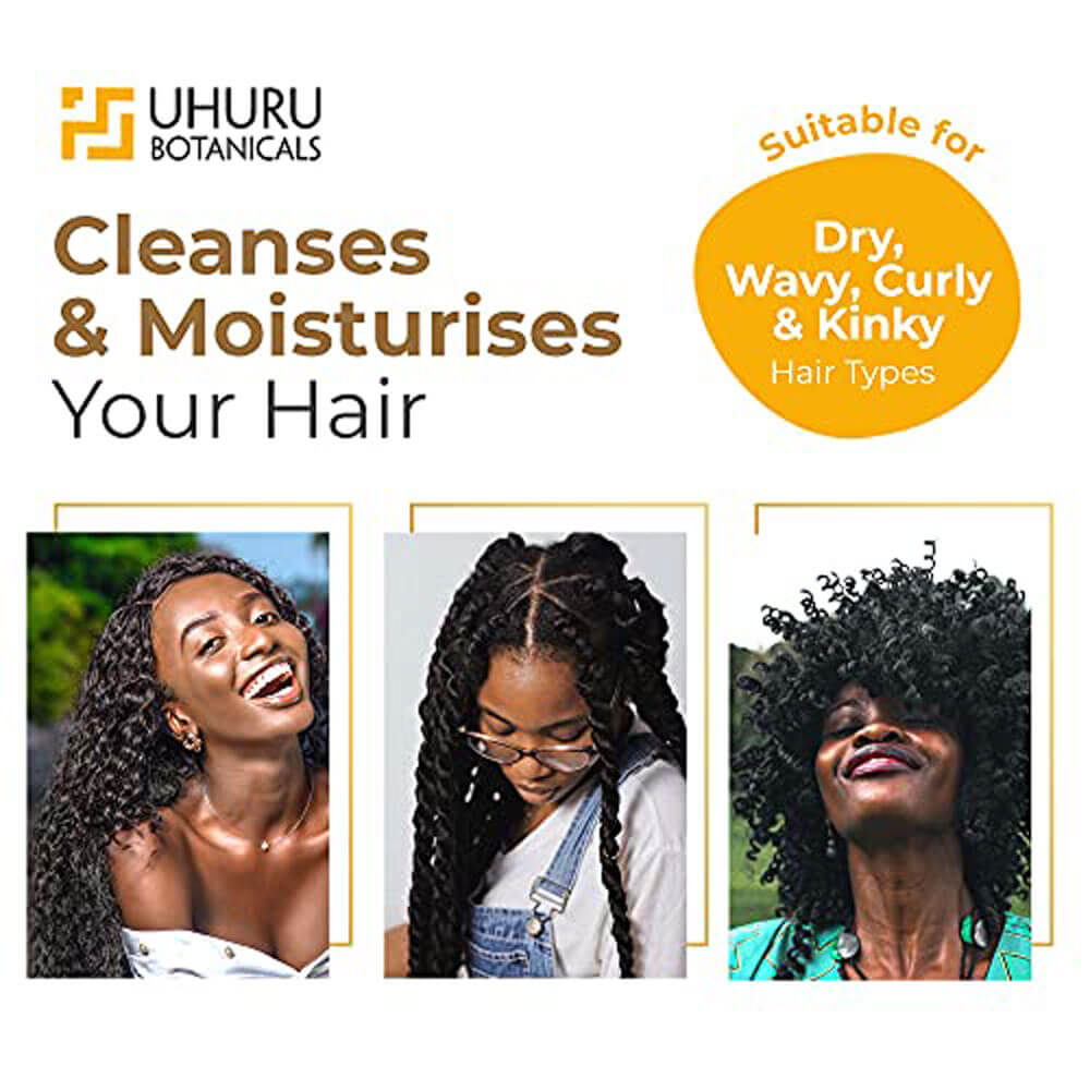 Advertisement for UHURU BOTANICALS hair care product with three women displaying different hair types.