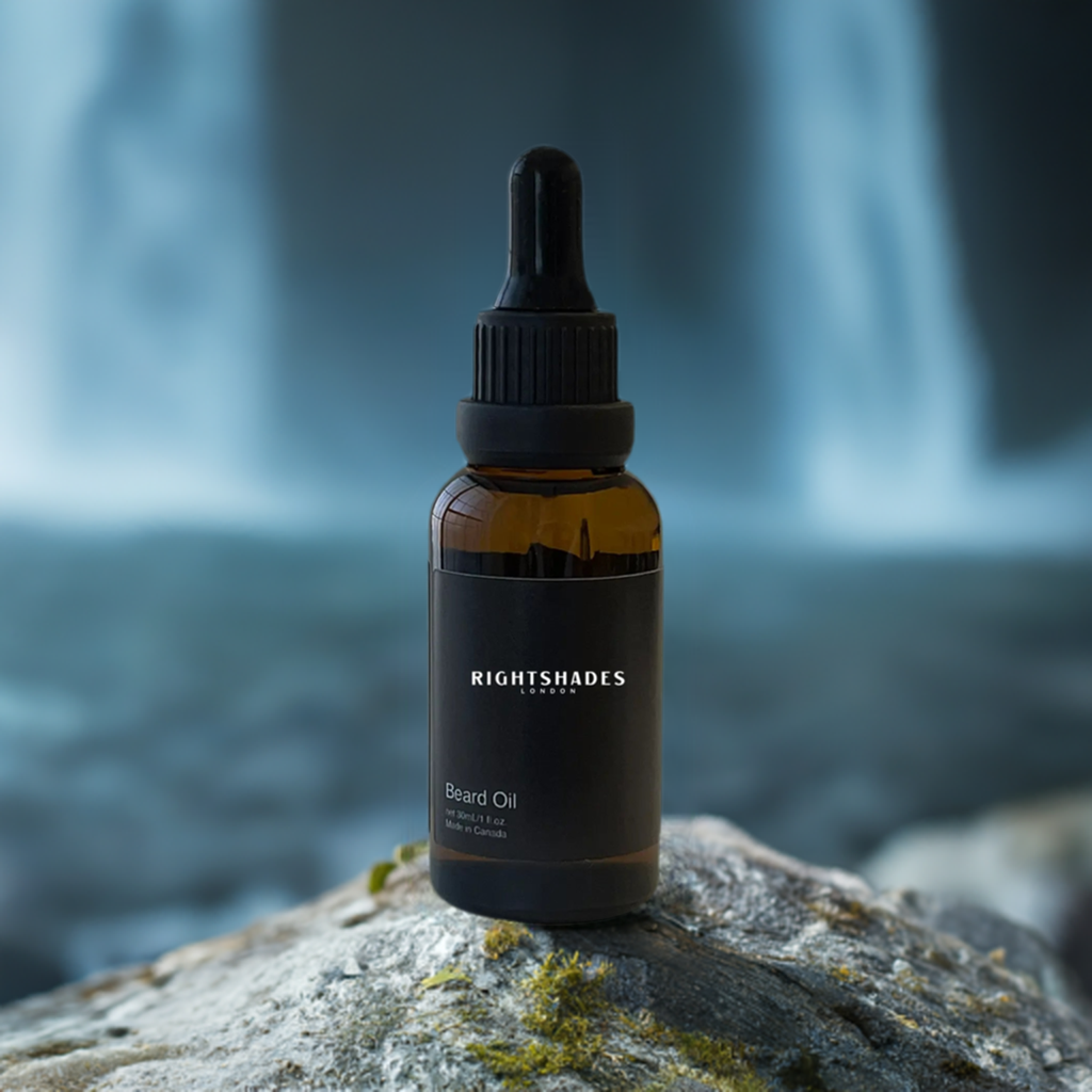 Bottle of RightShades beard oil on a rock with a blurred natural background