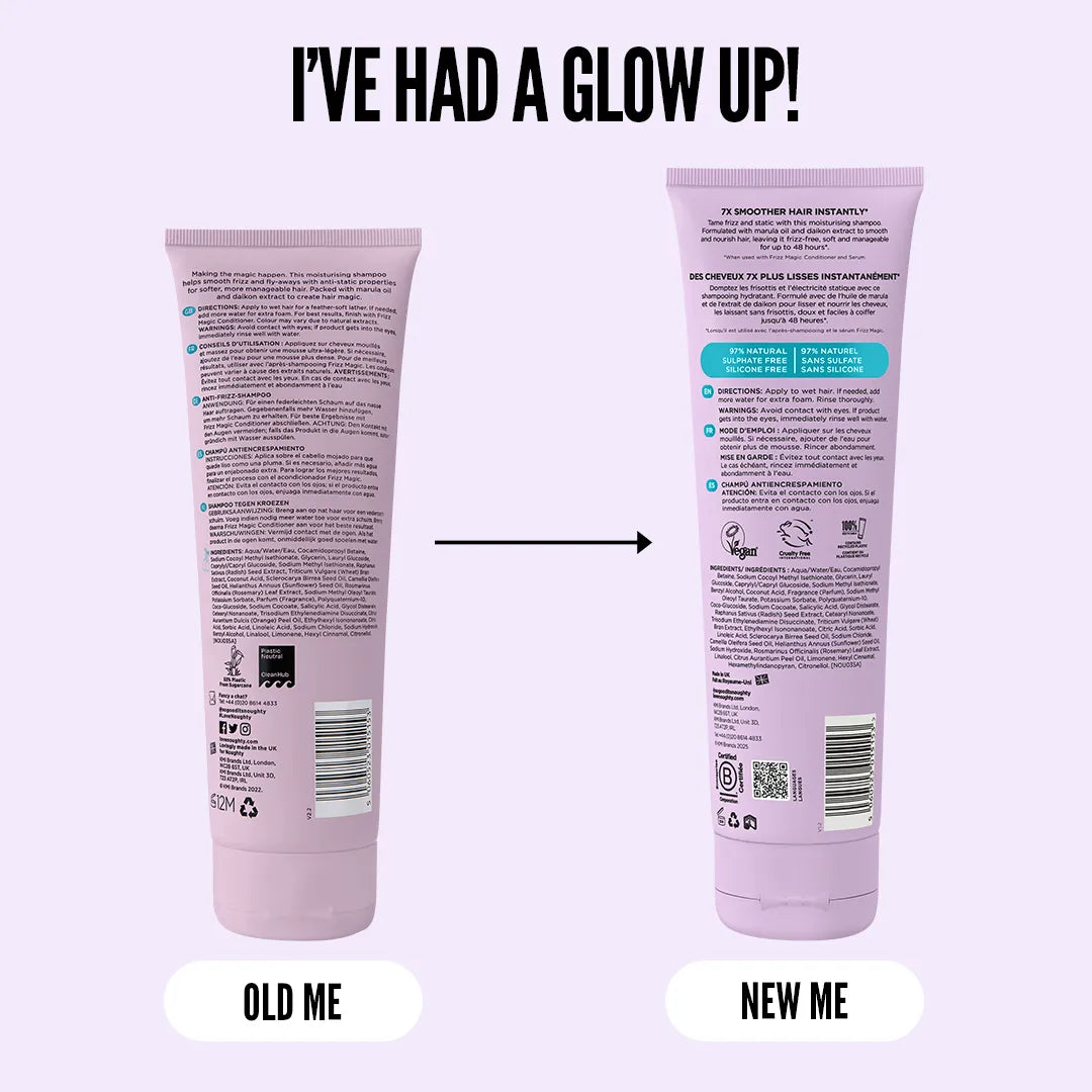 Two tube labels labeled 'Old Me' and 'New Me' on a light purple background with text 'I've had a glow up!'.