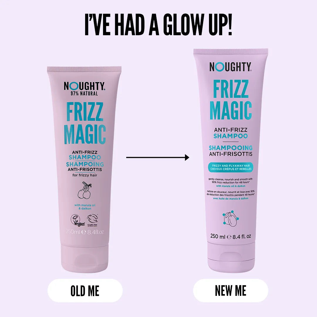 Two bottles of Noughty Frizz Magic shampoo with text 'I've had a glow up!' on a white background.