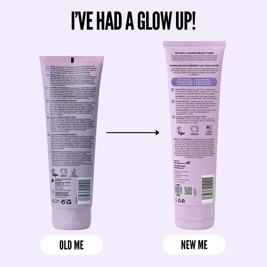 Two tubes of skincare product labeled 'Old Me' and 'New Me' on a light purple background.