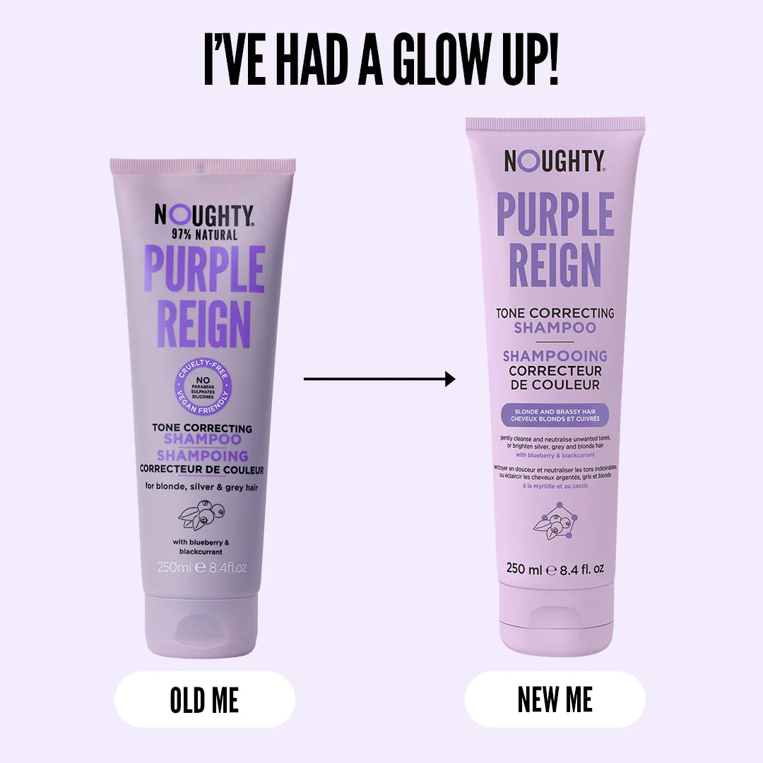 Two bottles of Noughty Purple Reign shampoo with text 'I've had a glow up!' on a white background.