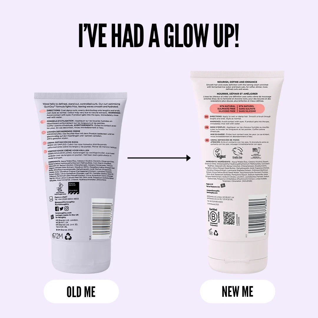 Two tube labels labeled 'Old Me' and 'New Me' with text 'I've Had a Glow Up!' on a light purple background.