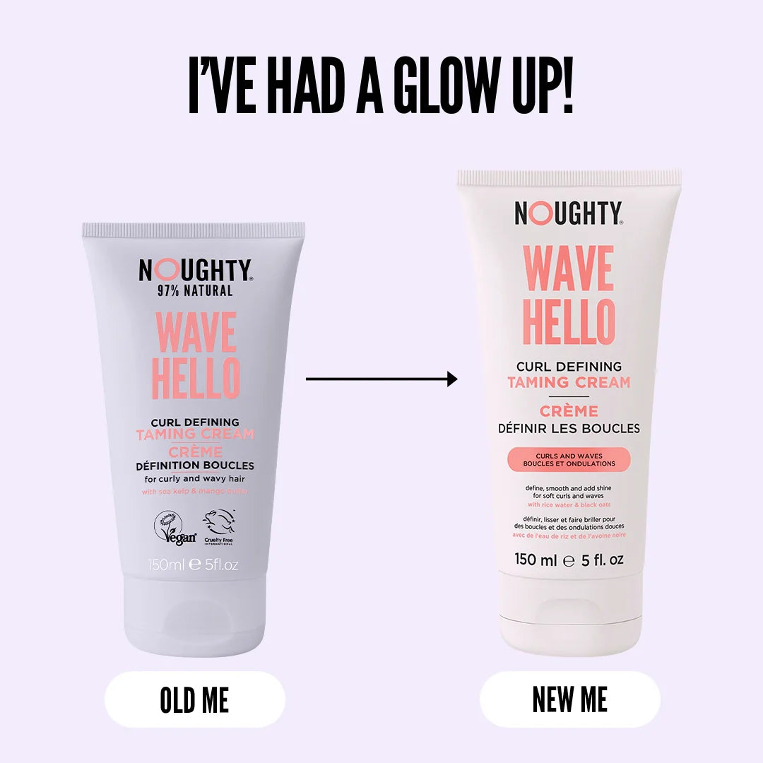 Two bottles of Noughty Wave Hello Curl Defining Taming Cream with text 'I've had a glow up!' on a light purple background.