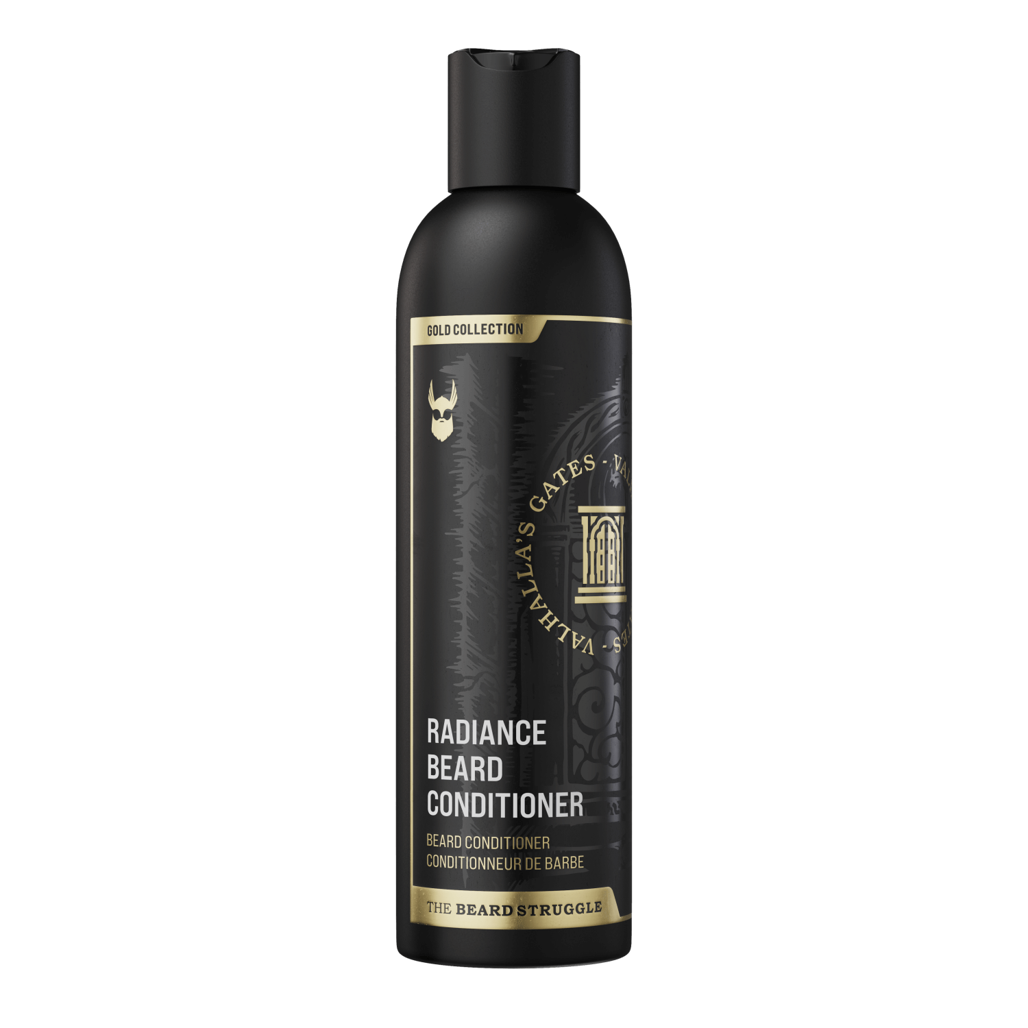 Black beard conditioner bottle with gold accents on a white background