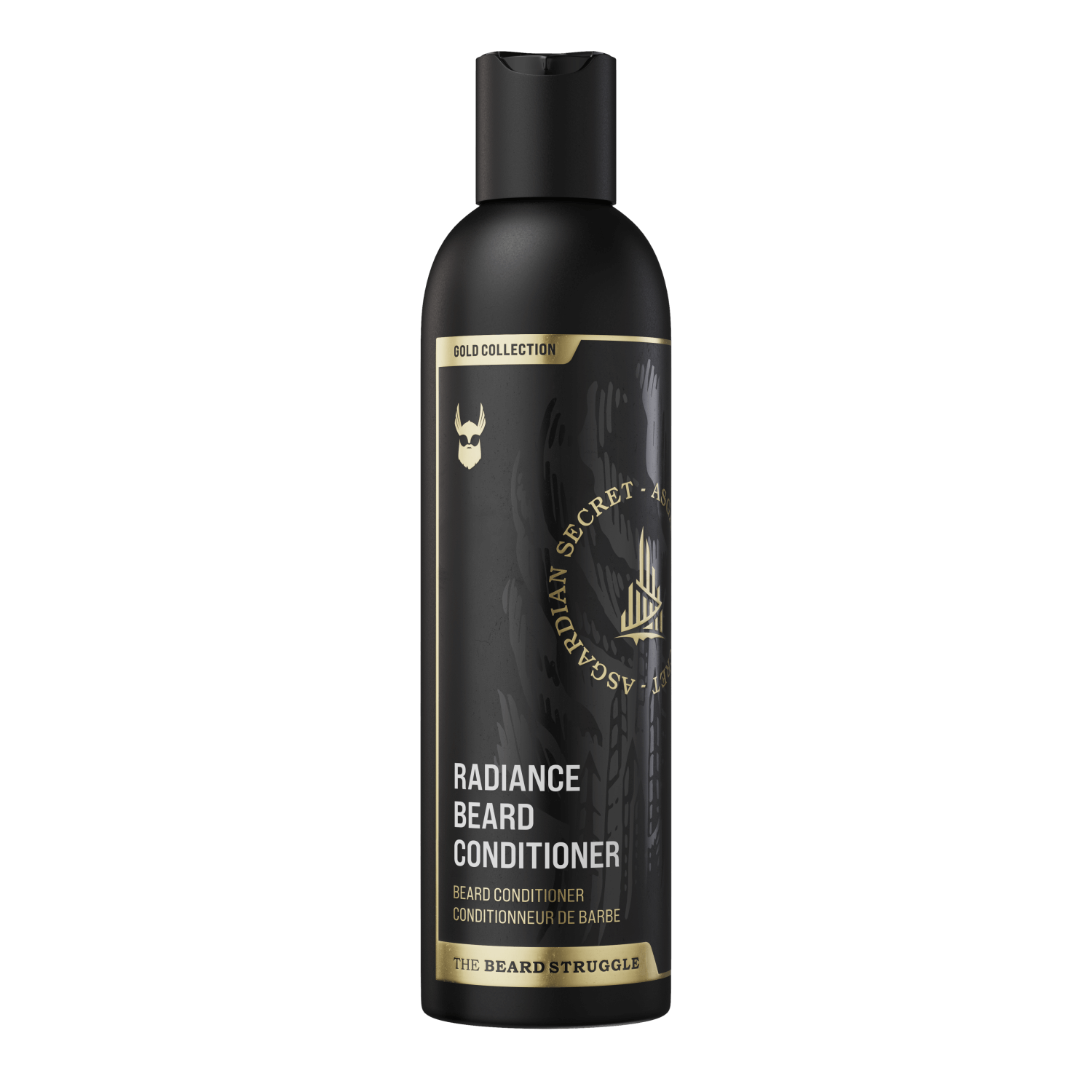 Black beard conditioner bottle with gold label on a black background