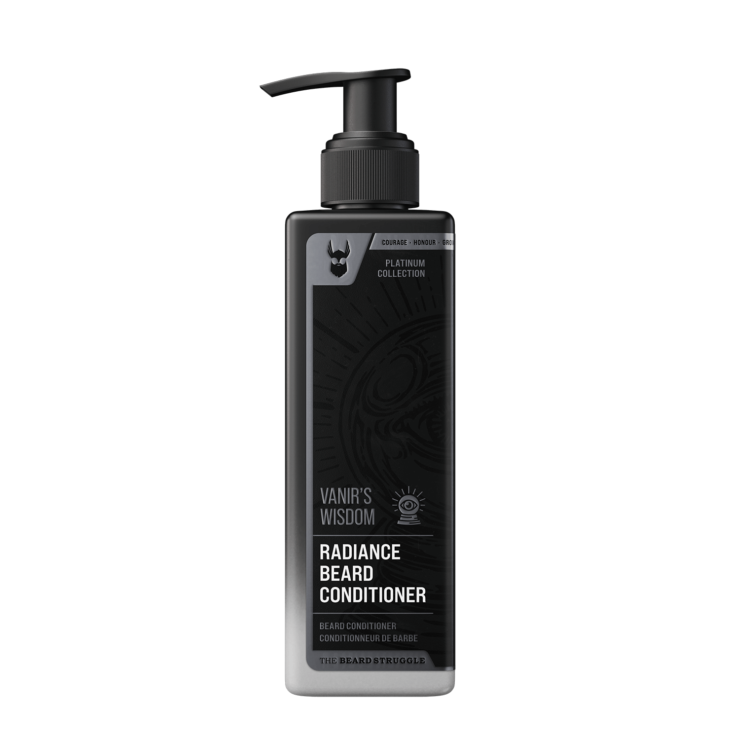 Radiance Beard Conditioner bottle with pump on a black background