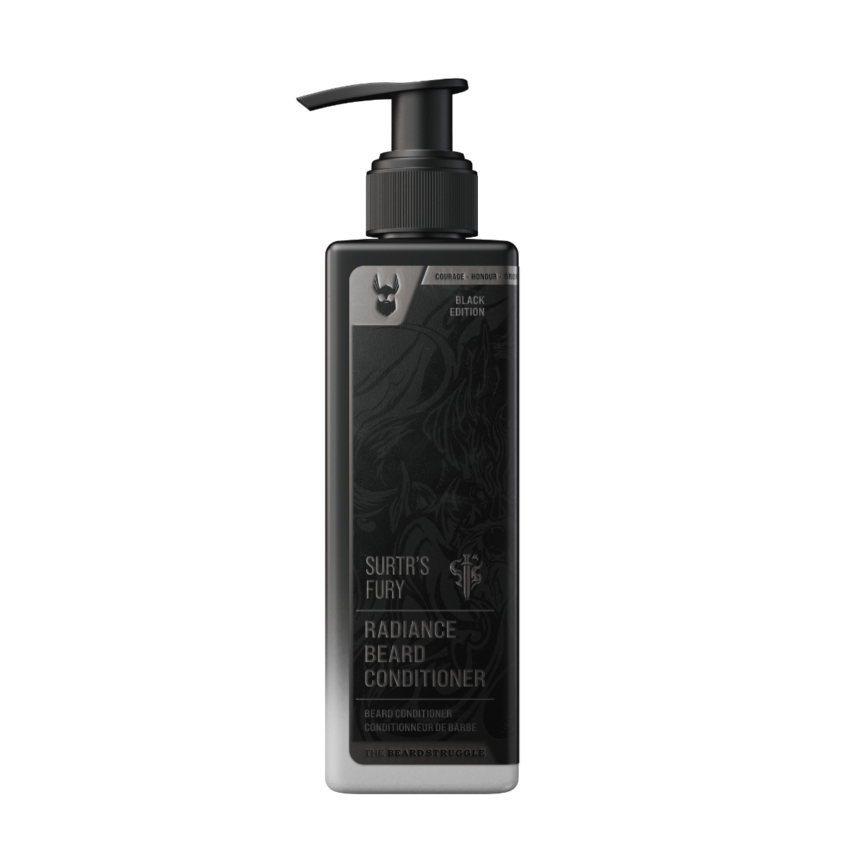 Black bottle of Radiance Beard Conditioner with pump on a white background