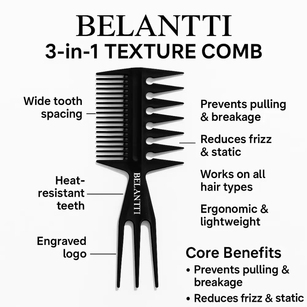 Belanti 3-in-1 texture comb with features and benefits on a white background