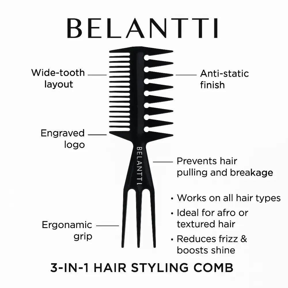 Hair styling comb with features labeled on a white background, featuring the brand 'BELANTTI'.