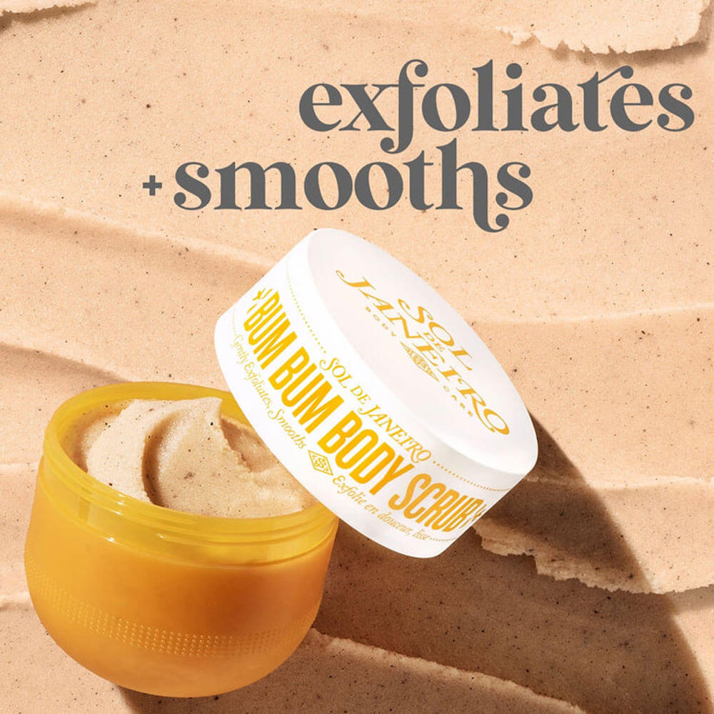 Jax & Jort Bum Bum Body Scrub with text 'exfoliates + smooths' on a beige background