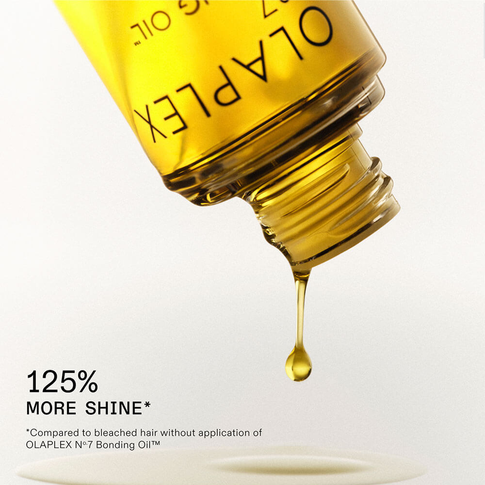 Olaplex hair oil bottle with oil dripping, on a white background