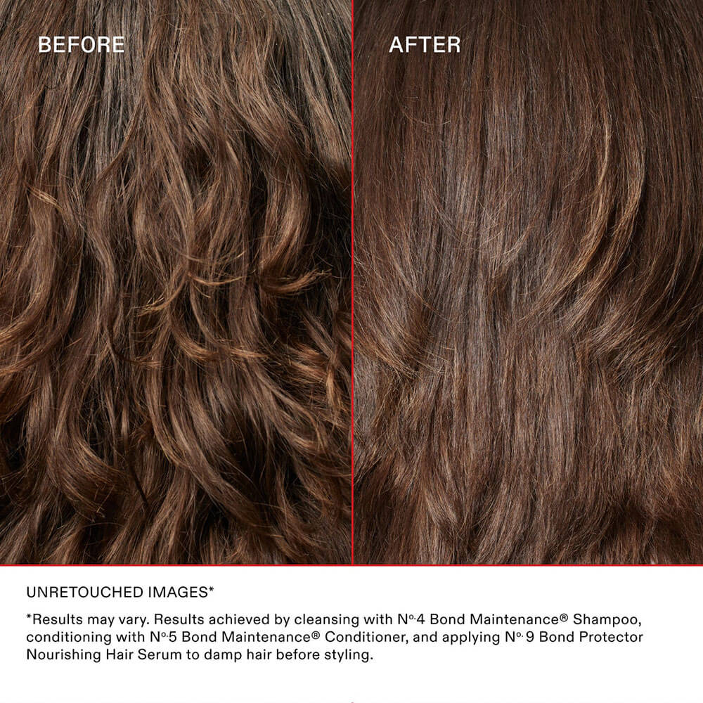 Before and after comparison of wavy hair with text about hair care products.