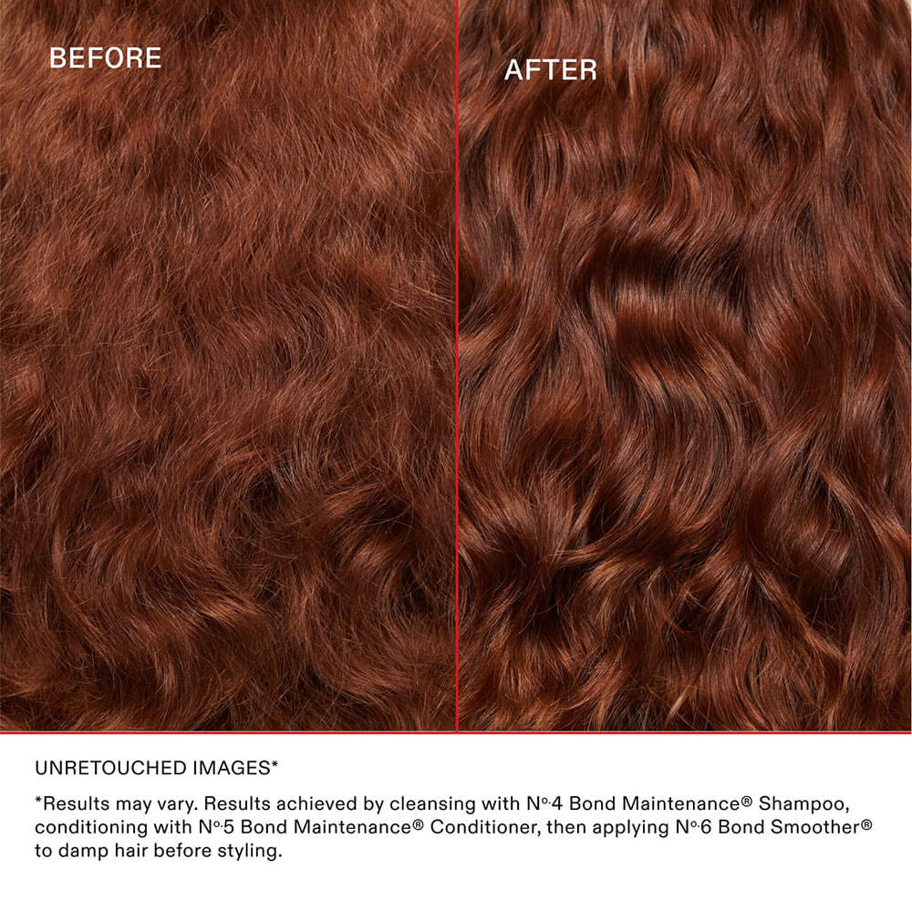 Before and after comparison of wavy hair with text about hair care products.