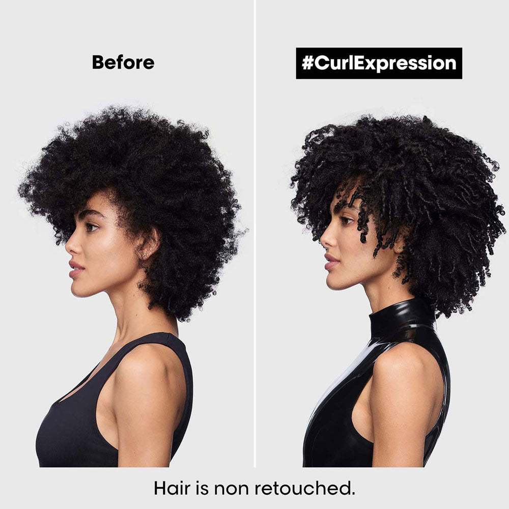 Before and after comparison of a woman's hair with '#CurlExpression' text.