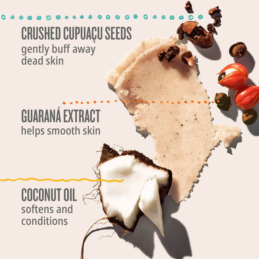 Product with ingredients like crushed cupuaçãu seeds, guaraná extract, and coconut oil on a light background.
