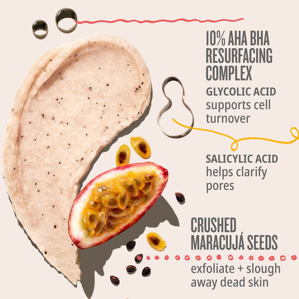 Skincare product with maracujá seeds and text about its ingredients on a light background