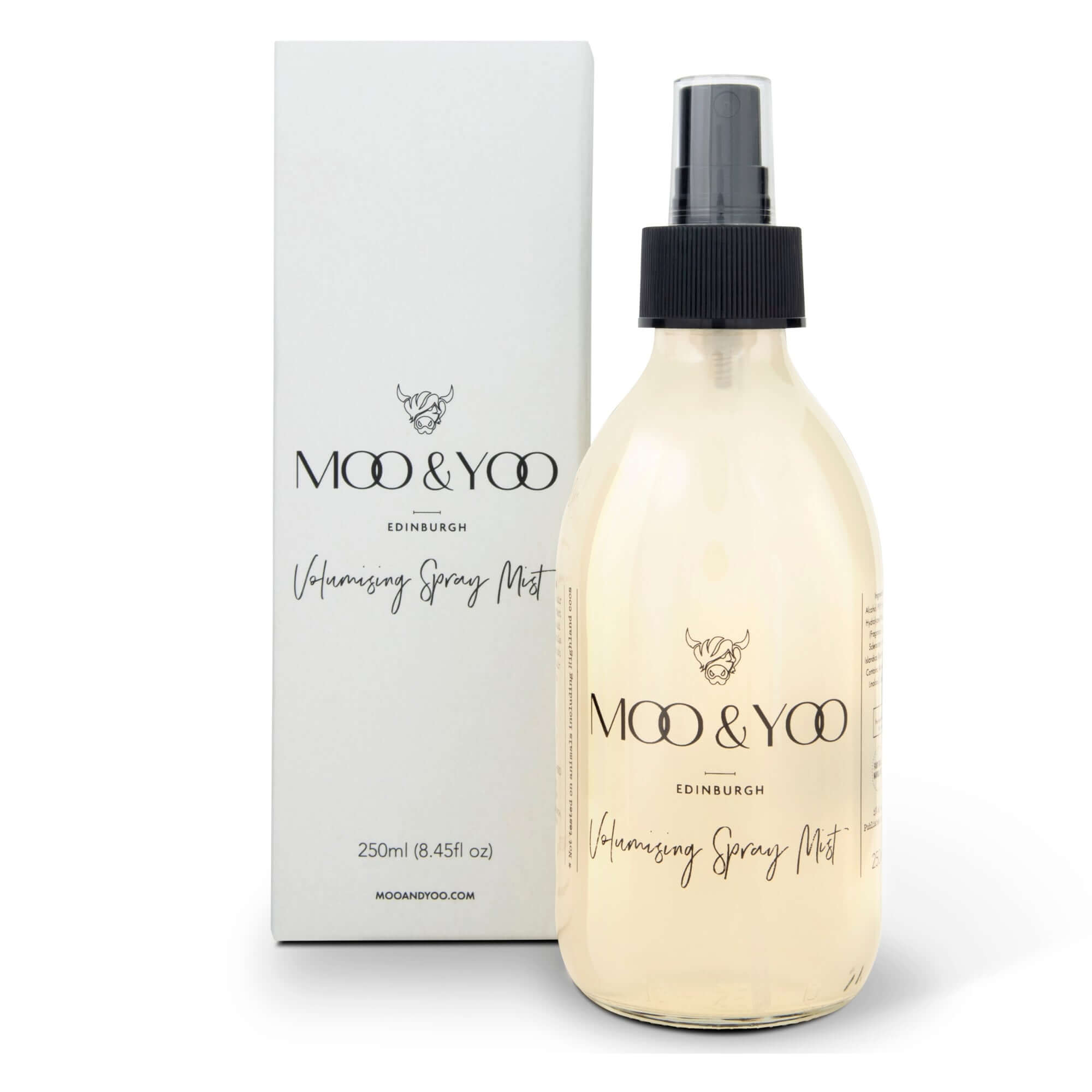 Moo & Yoo volumising spray mist bottle and packaging on a white background