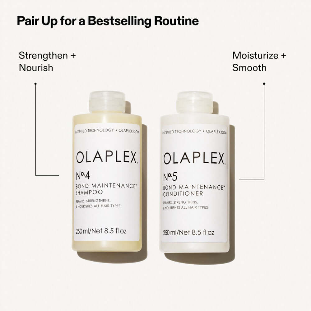 Two Olaplex bottles, one labeled 'Shampoo' and the other 'Conditioner', on a white background.