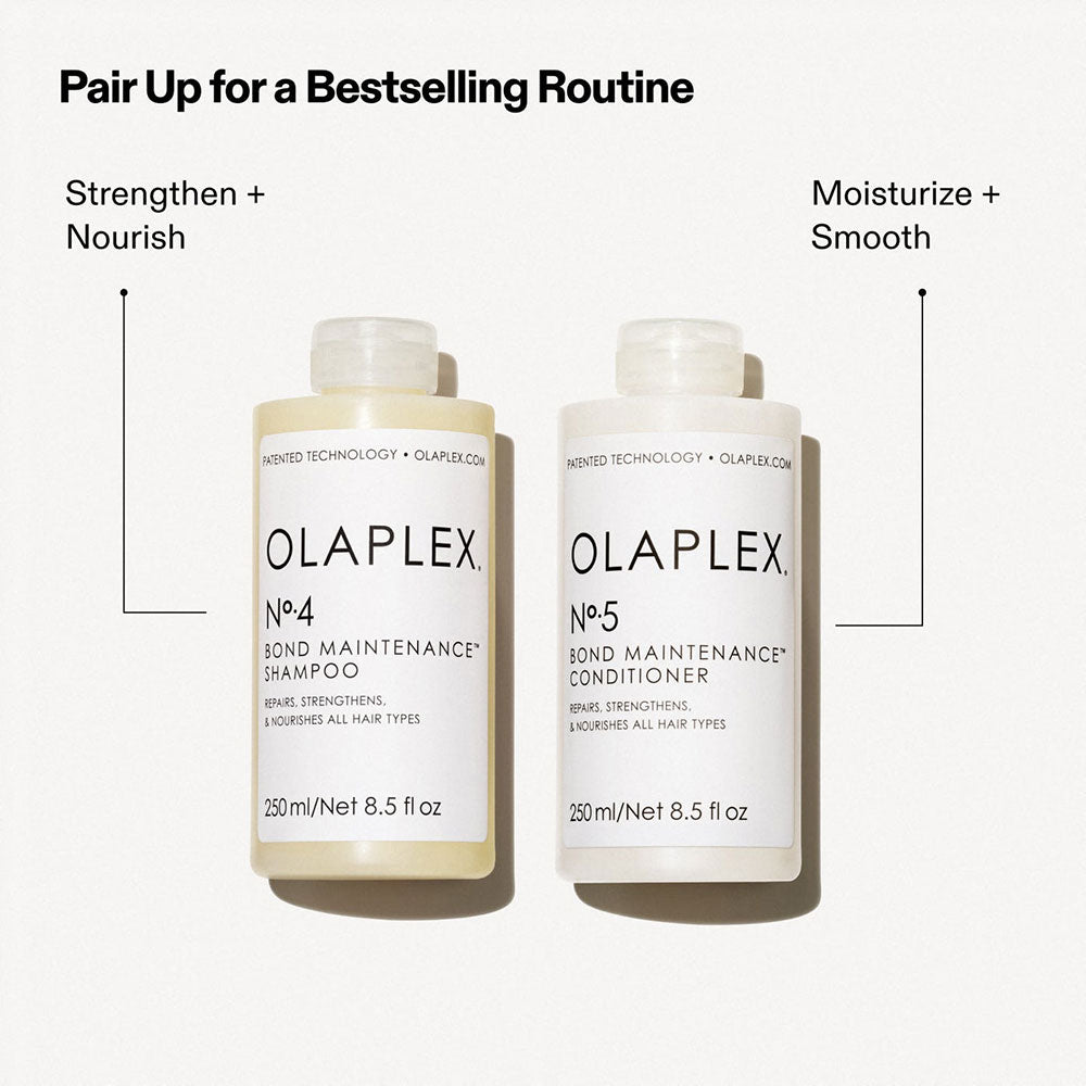 Two Olaplex shampoo and conditioner bottles on a white background with text indicating their uses.