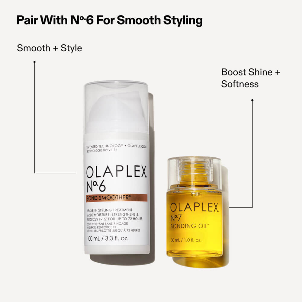 Two Olaplex products, No.6 Bond Smoother and No.7 Bonding Oil, on a white background.