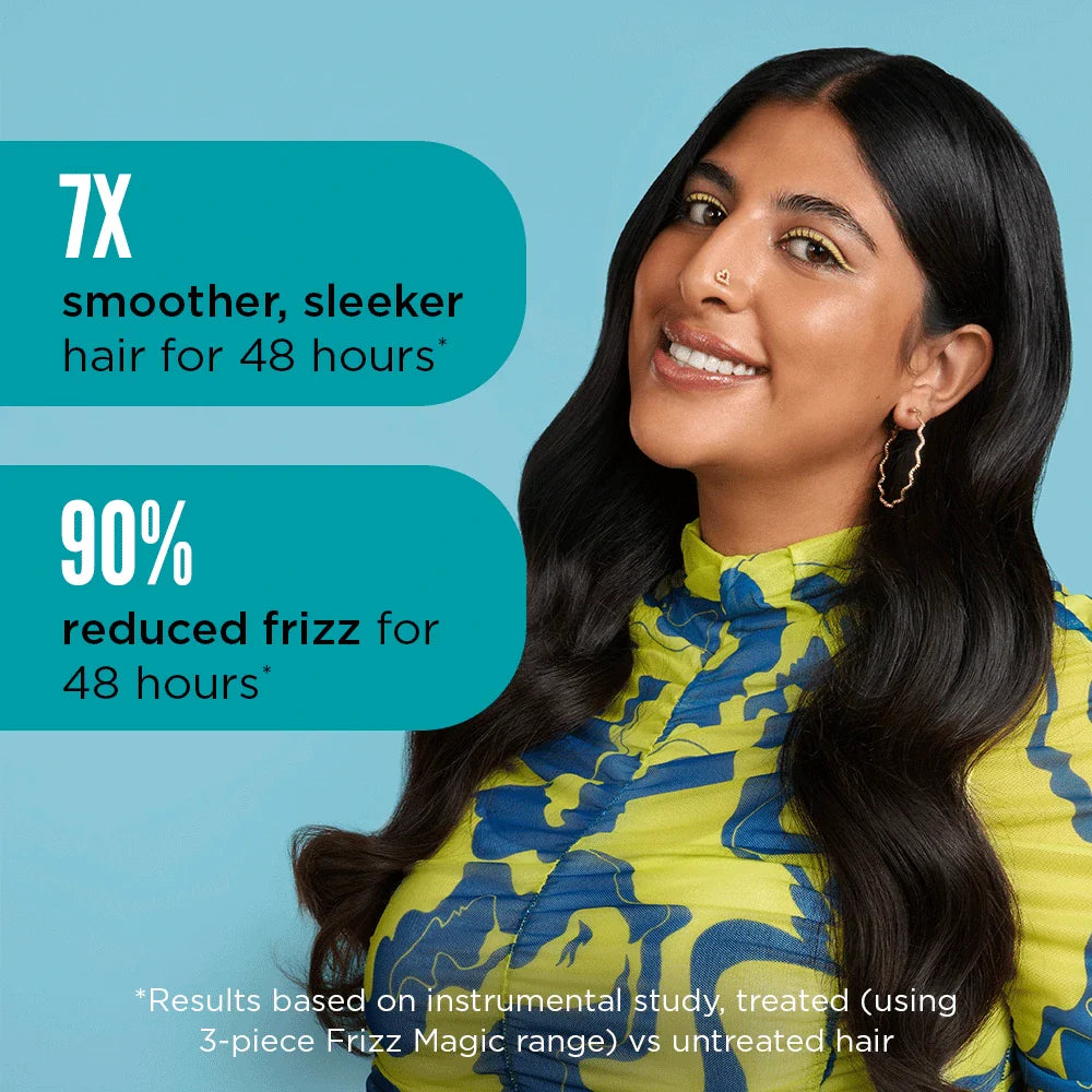 Woman with long, straight hair against a blue background with text about hair product benefits.