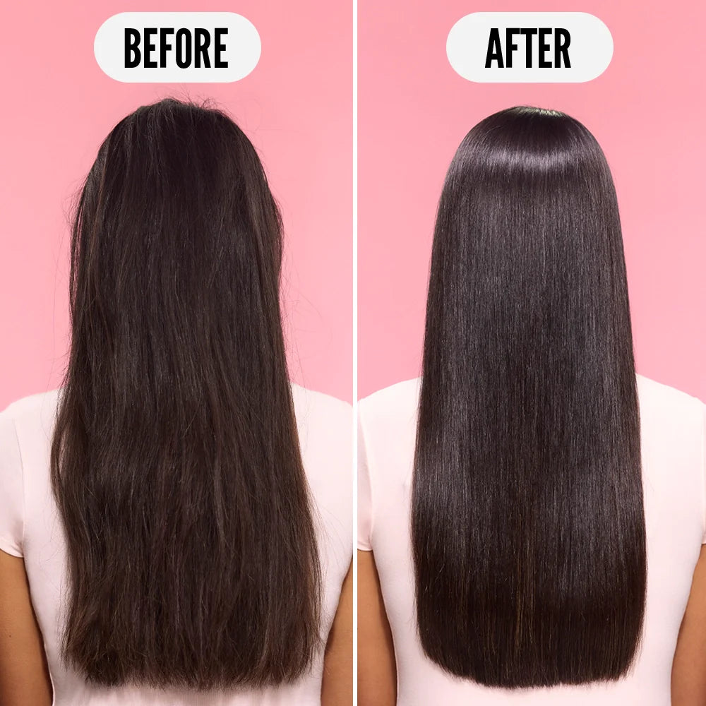 Before and after comparison of hair straightening on a pink background