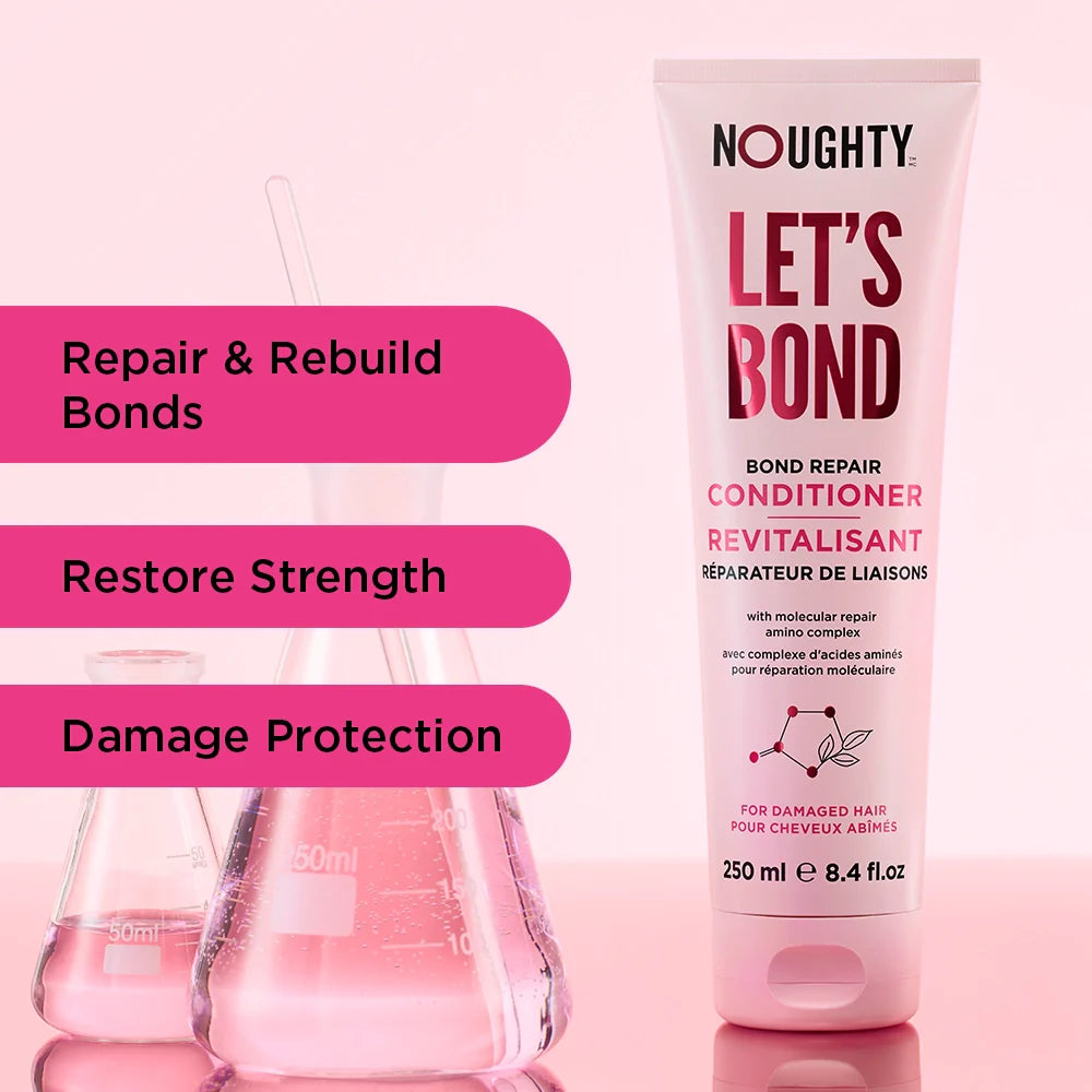 Noughty Let's Bond conditioner bottle with product benefits on a pink background