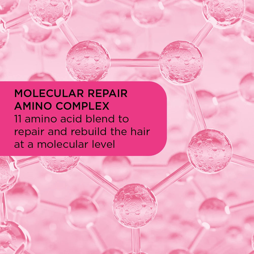 Molecular repair amino complex text on a pink background with molecular structure illustration