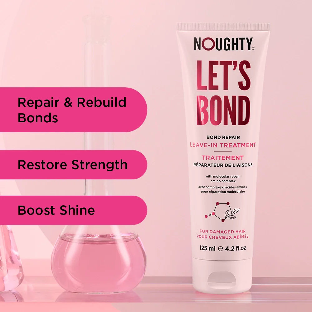Nughty 'Let's Bond' bond repair leave-in treatment tube on a pink background with product benefits text.
