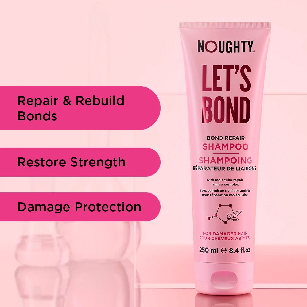 Pink shampoo bottle labeled 'Noughty Let's Bond' on a pink background with text about product benefits.