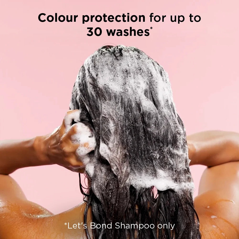 Person applying shampoo to their hair with a pink background and text about shampoo color protection.