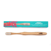 Bamboo toothbrush with 'Ecovibe' packaging on a white background